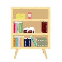 Cute cat isometric vector in cartoon style. Cat sleeps in the book cabinet. Collection of cats and furniture.