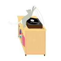 Cute cat isometric vector in cartoon style. Cat plays with record player. Collection of cats and furniture.