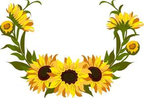 Vector floral composition with sunflowers, leaves, foliage, branches, fern leaves and place for your text.