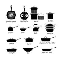 Full cookware set silhouette flat vector. Cookware set icon on white background for web. Cooking utensil set for kitchen concept. Cookware icon for web. Kitchenwares. Kitchen gadgets. vector