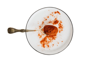 White plate and spoon with seasoning isolated on a transparent background png
