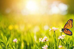 Natural summer with grass and a fluttering butterfly with . photo