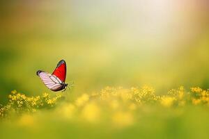 natural verano con césped y un revoloteando mariposa con ai generado. foto