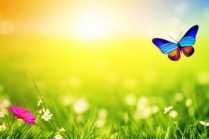 Natural summer with grass and a fluttering butterfly with . photo