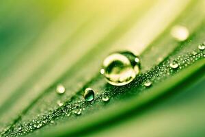 agua gotas brillar en hoja en luz de sol con ai generado. foto