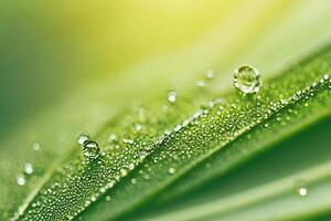 agua gotas brillar en hoja en luz de sol con ai generado. foto