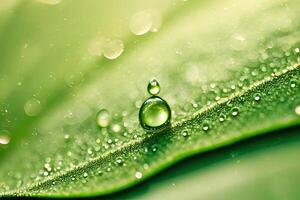 Water drops sparkle on leaf in sunlight with . photo