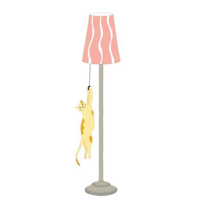 Cute cat isometric vector in cartoon style. Cat plays with floor lamp. Collection of cats and furniture.