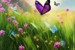 Natural summer with grass and a fluttering butterfly with . photo