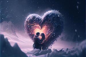 illustration of a blizzard of love. Couple kissing in snow. Big heart. Love and valentine day concept. Neural network generated art. Digitally generated image. photo