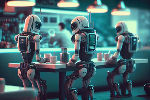 illustration of a futuristic robot cafe with a wide range of robot customers, where robots of all shapes and sizes come to enjoy a cup of java or a sweet treat photo