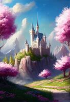 illustration of magical land of enchanted forests, castle, sparkling waterfalls and lush meadows, lake and fairy tail photo