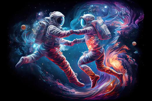 generativo ai ilustración de dos astronautas, vestido en trajes espaciales, son flotante en cero gravedad mientras bailando cercanamente. el antecedentes es un asombroso ver de el galaxia, con estrellas y nebulosas foto