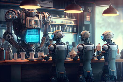 illustration of a futuristic robot cafe with a wide range of robot customers, where robots of all shapes and sizes come to enjoy a cup of java or a sweet treat photo