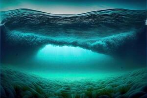 illustration of Ocean depth. Underwater empty landscape, ocean bottom, sea wave photo