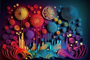 illustration of Photo paper cut quilling multidimensional paper cut, craft paper illustration, fireworks and beautiful city in new year eve, national day with colored lights, pop color.