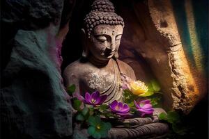 illustration of abstract lifelike buddha, flowers, magic lighting, beautiful metallic and stone colors, detailed, natural lighting, natural environment. Digitally generated image photo