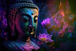 illustration of abstract lifelike buddha, flowers, magic lighting, beautiful metallic and stone colors, detailed, natural lighting, natural environment. Digitally generated image photo