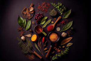 illustration of wide variety spices and herbs on background of black table, with empty space photo