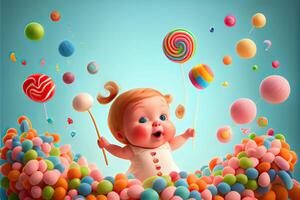 illustration of cute baby character and a lot of lollipops flying around, background confectionery photo