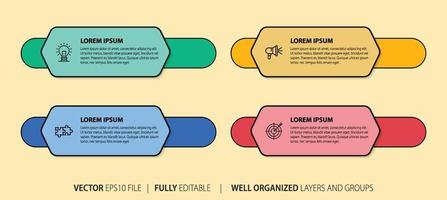 Four numbered rectangular frames placed in horizontal row. Concept of 4 stages of marketing strategy. Modern flat infographic design template. Simple vector illustration for business presentation