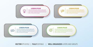 Four numbered rectangular frames placed in horizontal row. Concept of 4 stages of marketing strategy. Modern flat infographic design template. Simple vector illustration for business presentation