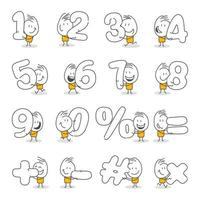 Stick figures. Numbers. Hand drawn doodle line art cartoon design character. vector