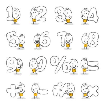 Stick figures. Numbers. Hand drawn doodle line art cartoon design character.