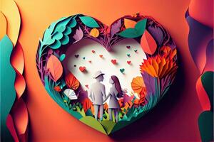 illustration of origami Valentine day background, happy couple, colorful. Paper cut craft, 3d paper style. Neural network generated art. Digitally generated image photo