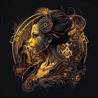 illustration of cyberpunk Zodiac sign with a industrial smoke, mechanic detail on shoulders, pollution, centered inside intricate gold and fire circle of city and Skyscrapers, steam punk photo