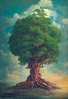 illustration of old big green tree with roots, on dry land, tree of earth and life, magic tree.Digital art, nature concept. photo