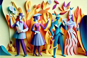 illustration of People in New Year's Eve party background, men and women celebrating holidays together, partying, cheering and dancing. Paper cut craft, 3d paper illustration style. photo