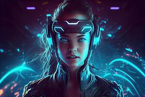 illustration of Metaverse concept and virtual world elements. Side view of human face in augmented or virtual reality headset inside the metaverse photo