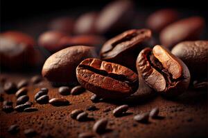 illustration of Coffee Beans Closeup On Dark Background, blurred background photo