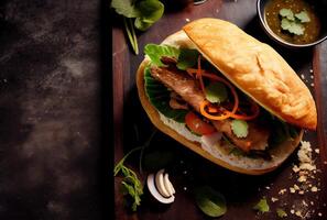 illustration of banh mi vietnam bread, food, studio, asian, Vietnamese sandwich , Vietnamese food, copy space photo