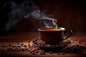 illustration of Cup of coffee and coffee beans on old wooden table and the plantations tea hill background photo