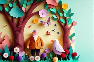 illustration of origami spring background, joyful elderly, happy family with parent, colorful. Paper cut craft, 3d paper illustration style, pop color. Neural network generated art. photo