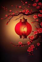 illustration of Chinese traditional red festival background with a chinese red plum blossom, lantern, spring festival, new year, chinese traditional culture element photo