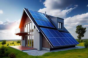 illustration of a newly constructed houses with solar panels on the roof under a bright sky, a close up of a brand new structure with blue solar panels photo