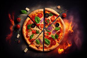 illustration of Homemade pizza with tomato and olives on dark stone background photo