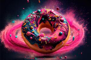 illustration of trippy doughnut collage detailed vibrant colors, splatters, giant glistening doughnut , floating in free space, pastel back drop. Digitally generated image photo