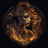 illustration of cyberpunk Zodiac sign with a industrial smoke, mechanic detail on shoulders, pollution, centered inside intricate gold and fire circle of city and Skyscrapers, steam punk photo