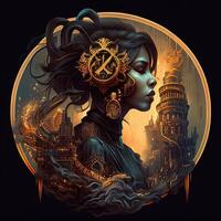 illustration of cyberpunk Zodiac sign with a industrial smoke, mechanic detail on shoulders, pollution, centered inside intricate gold and fire circle of city and Skyscrapers, steam punk photo