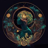 illustration of cyberpunk Zodiac sign with a forest growing on shoulders, galaxy, centered inside intricate gold circle of foliage photo