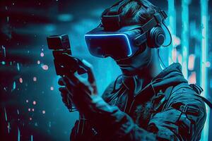 illustration of man with virtual reality VR goggle playing AR augmented reality game and entertainment, futuristic metaverse gameFi NFT game ideas photo