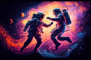 illustration of two astronauts, dressed in spacesuits, are floating in zero gravity while dancing closely. The background is a breathtaking view of the galaxy, with stars and nebulae photo