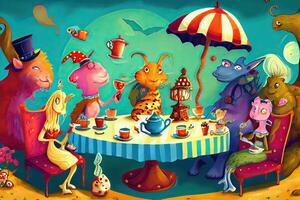 illustration of a whimsical tea party scene with a variety of talking animals and characters, in a colorful and playful style in wonderland photo