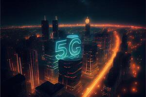 generativo ai ilustración de futurista ciudad a noche, 5g Internet red inalámbrico sistemas y Internet de cosas, inteligente ciudad y comunicación red concepto. foto