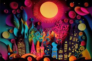 generativo ai ilustración de foto papel cortar encañonado multidimensional papel cortar, arte papel ilustración, fuegos artificiales y hermosa ciudad en nuevo año víspera, nacional día con de colores luces, popular color.