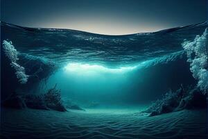 illustration of Ocean depth. Underwater empty landscape, ocean bottom, sea wave photo